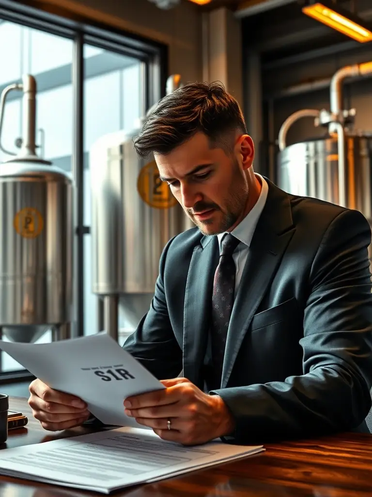 A professional reviewing documents with a brewery in the background, symbolizing regulatory compliance and licensing.
