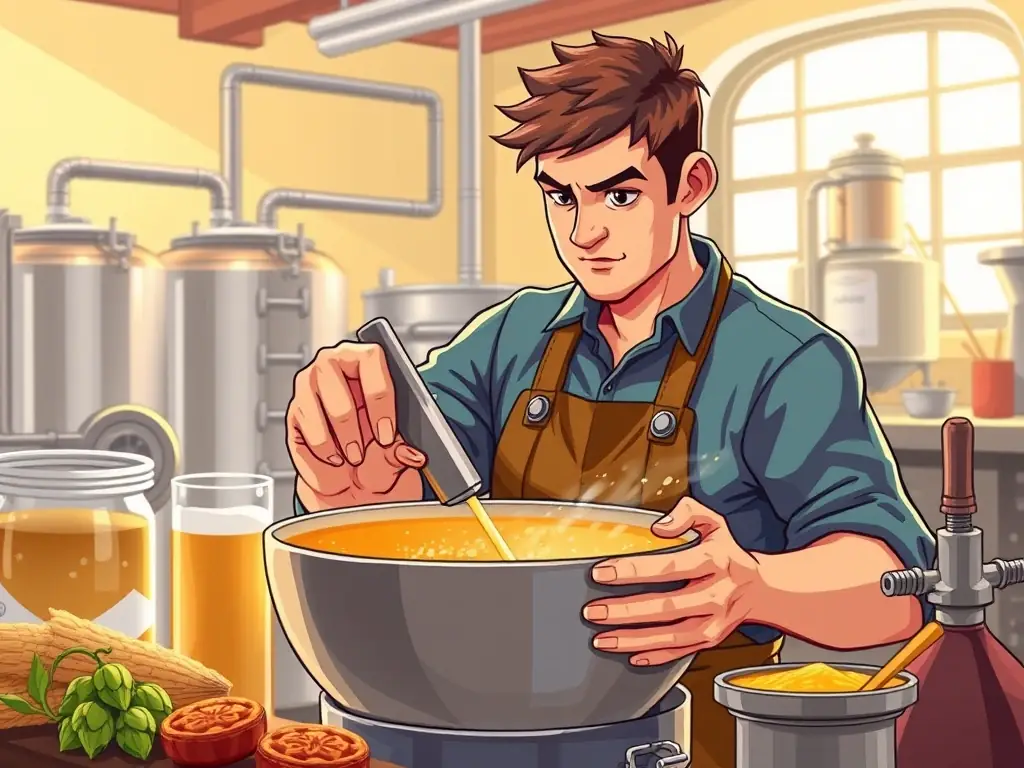 A brewer carefully examining a beer recipe, adjusting ingredients and brewing parameters to achieve the perfect flavor profile.