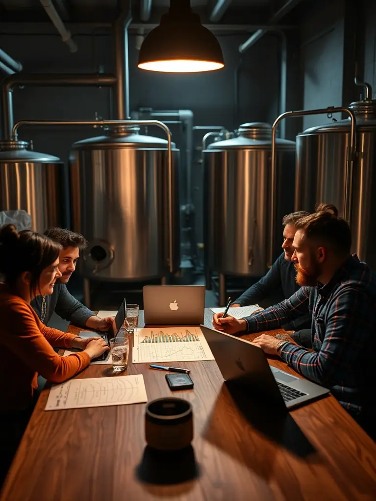 An image of a team brainstorming with charts and brewing equipment in the background, symbolizing business planning and strategy for a brewery.