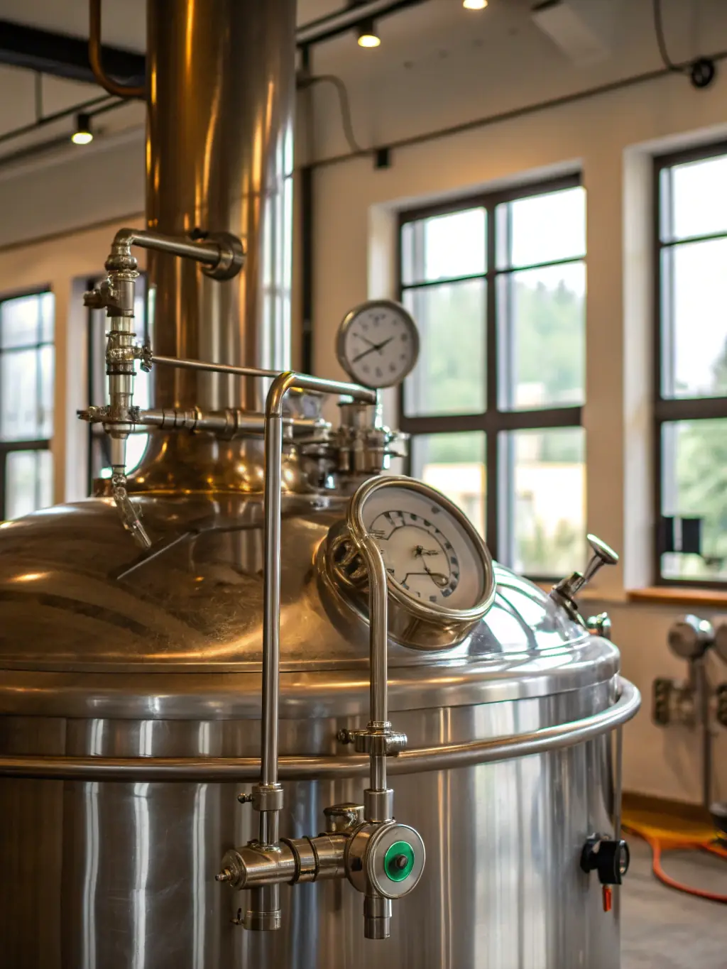 An image of a well-organized brewery with shiny brewing tanks and equipment, illustrating equipment selection and setup.