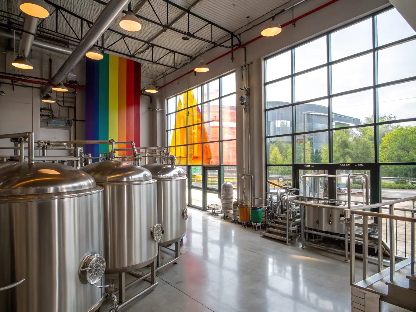 A brightly lit, modern brewery interior with stainless steel brewing equipment, showcasing a clean and efficient workspace, suitable for illustrating process optimization.