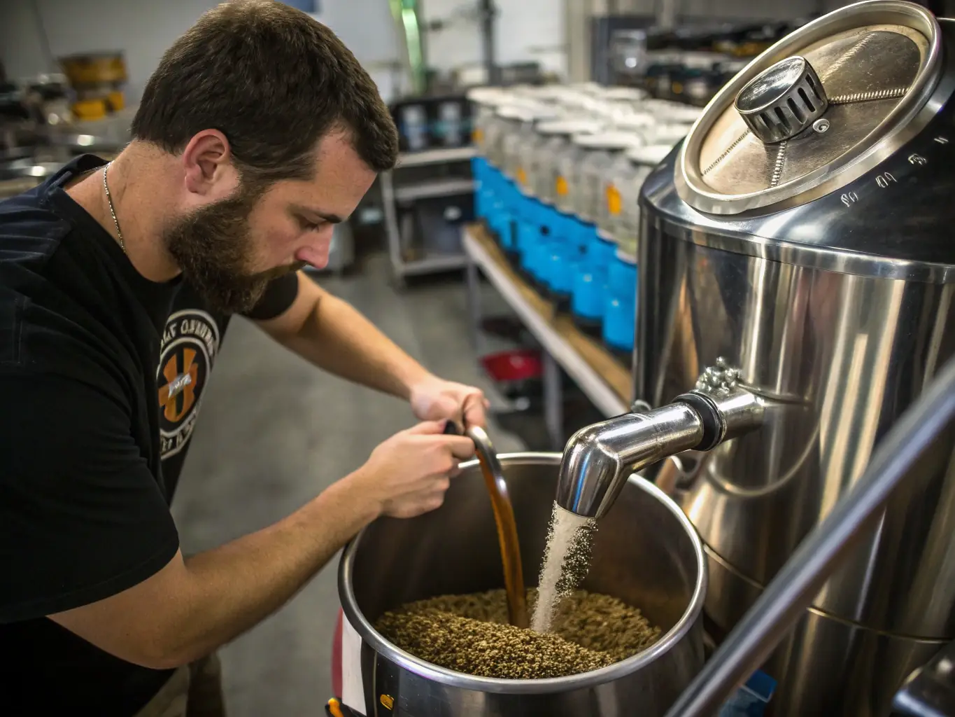A close-up shot of a brewmaster carefully examining a sample of beer, highlighting the attention to detail and expertise involved in recipe development.